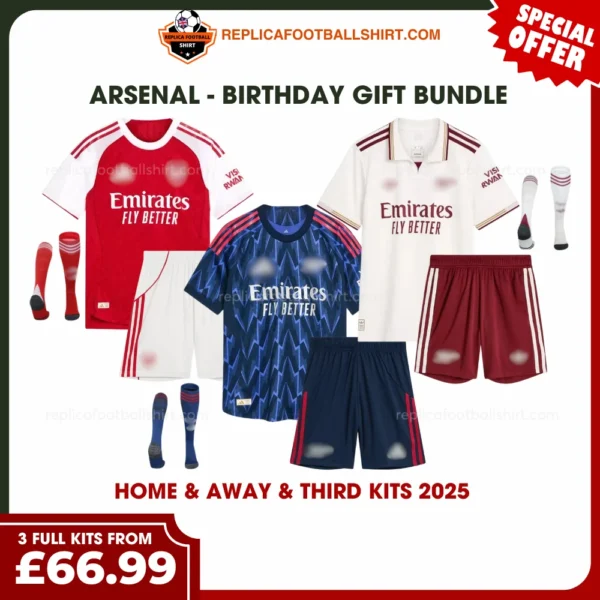 Arsenal 2025/26 Gift Bundle – Home and Away and Third Fan-Version Kids Football Kits (With Socks)