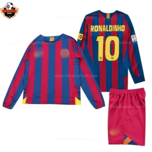 Retro Barcelona RONALDINHO 10 Reissue Kid Replica Football Kit 2005/06 Long Sleeve