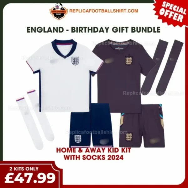 England 2024 Gift Bundle – Home and Away Fan-Version Kids Football Kits (With Socks)