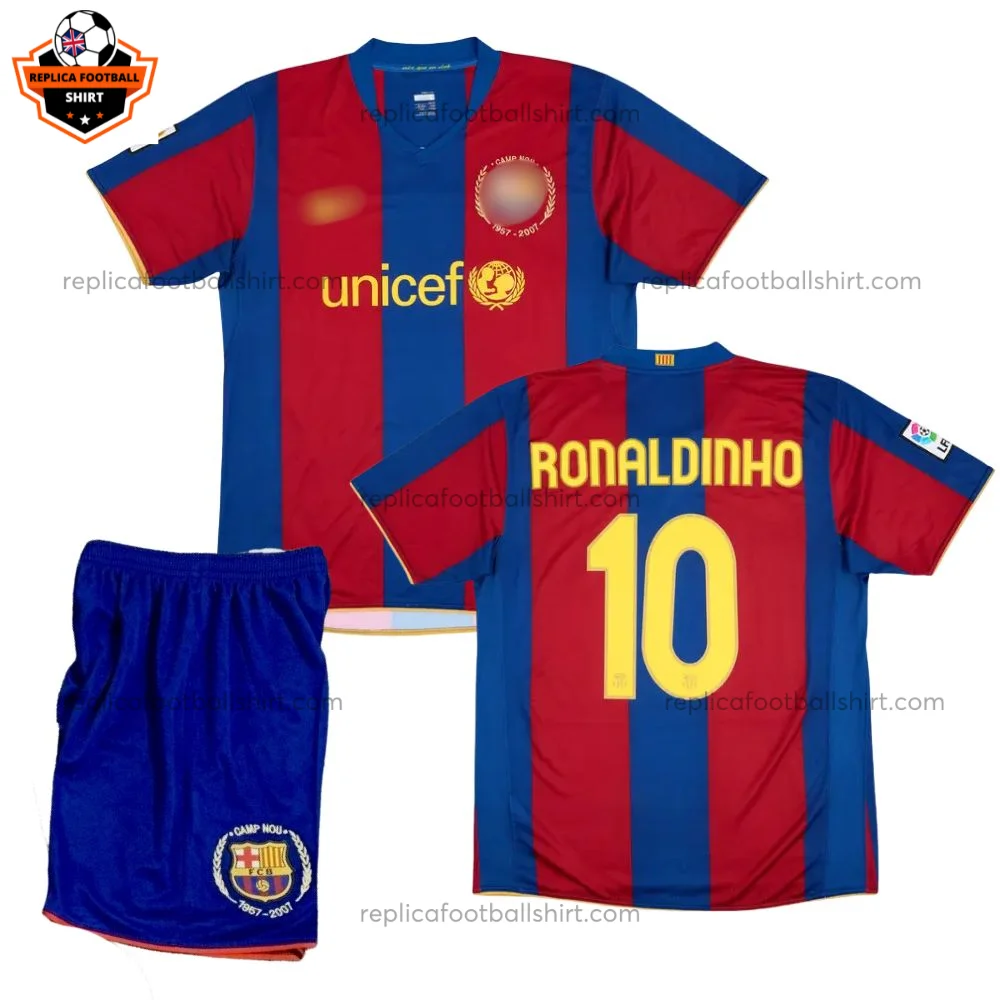 Retro Barcelona Home Kid Replica Football Kit 2007/08 RONALDINHO 10 Printed
