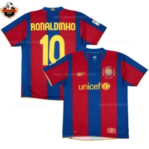 Retro Barcelona Home Men Replica Football Shirt 2007/08 RONALDINHO 10 Printed