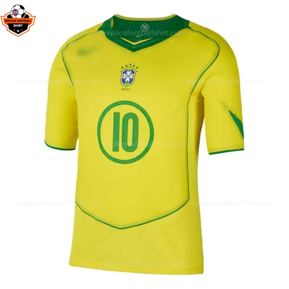 Retro Brazil Home Men Replica Football Shirt 2004/06 RONALDINHO 10 - Over view Retro Brazil Home Men Replica Football Shirt 2004/06 RONALDINHO 10 - Front view