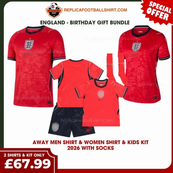 England World Cup 2026 Gift Bundle – Away Men Shirt, Women Shirt & Kids Football Kit