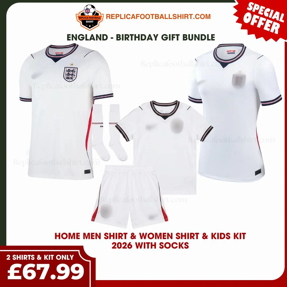 England World Cup 2026 Gift Bundle – Home Men Shirt, Women Shirt & Kids Football Kit