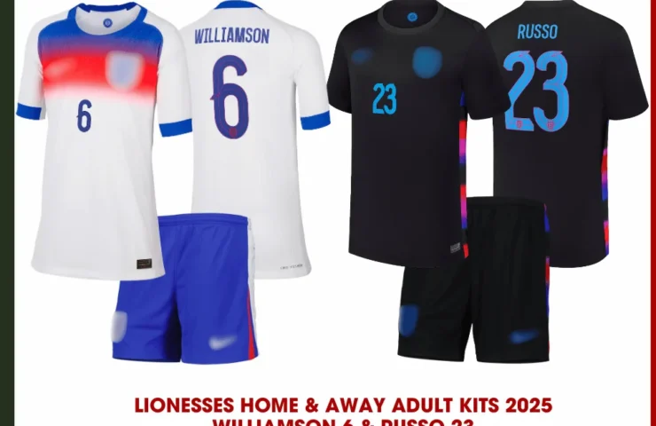England 2025 Gift Bundle – Home & Away Adult Football Kits – WILLIAMSON 6 & RUSSO 23 - front view