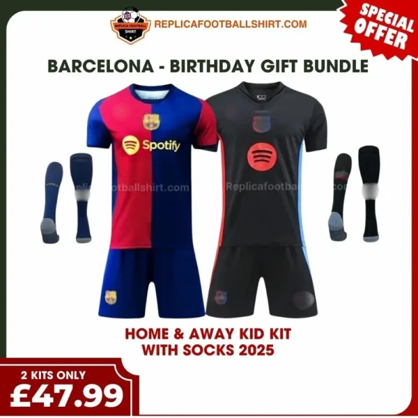 Barcelona 2024/25 Gift Bundle – Home and Away Fan-Version Kids Football Kits (With Socks)