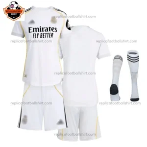 Real Madrid 2025/26 Gift Bundle – Home and Third Fan-Version Kids Football Kits (With Socks) - front home view