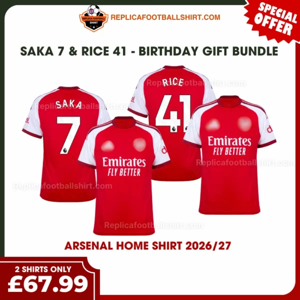 Arsenal 2026/27 Gift Bundle – Home Fan-Version Men Football Shirts – SAKA 7 and RICE 41