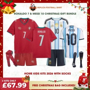 Portugal and Argentina World Cup 2026 Gift Bundle – Home Fan-Version Kids Football Kits – RONALDO 7 and MESSI 10 (With Socks)