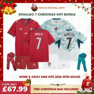 Portugal World Cup 2026 Gift Bundle – Home and Away Fan-Version Kids Football Kits – RONALDO 7 (With Socks)
