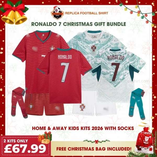 Portugal World Cup 2026 Gift Bundle – Home and Away Fan-Version Kids Football Kits – RONALDO 7 (With Socks)