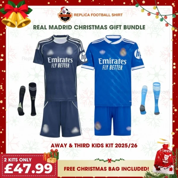 Real Madrid 2025/26 Gift Bundle – Away and Third Fan-Version Kids Football Kits (With Socks)
