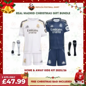 Real Madrid 2025/26 Gift Bundle – Home and Away Fan-Version Kids Football Kits (With Socks)