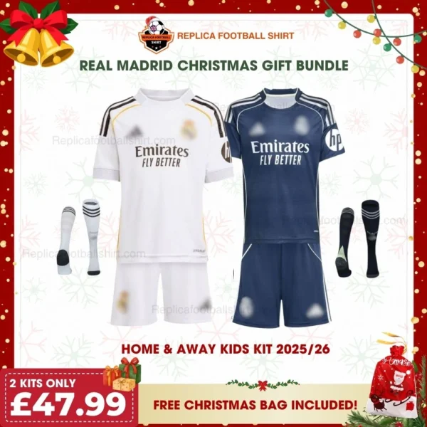 Real Madrid 2025/26 Gift Bundle – Home and Away Fan-Version Kids Football Kits (With Socks)
