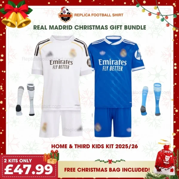Real Madrid 2025/26 Gift Bundle – Home and Third Fan-Version Kids Football Kits (With Socks)