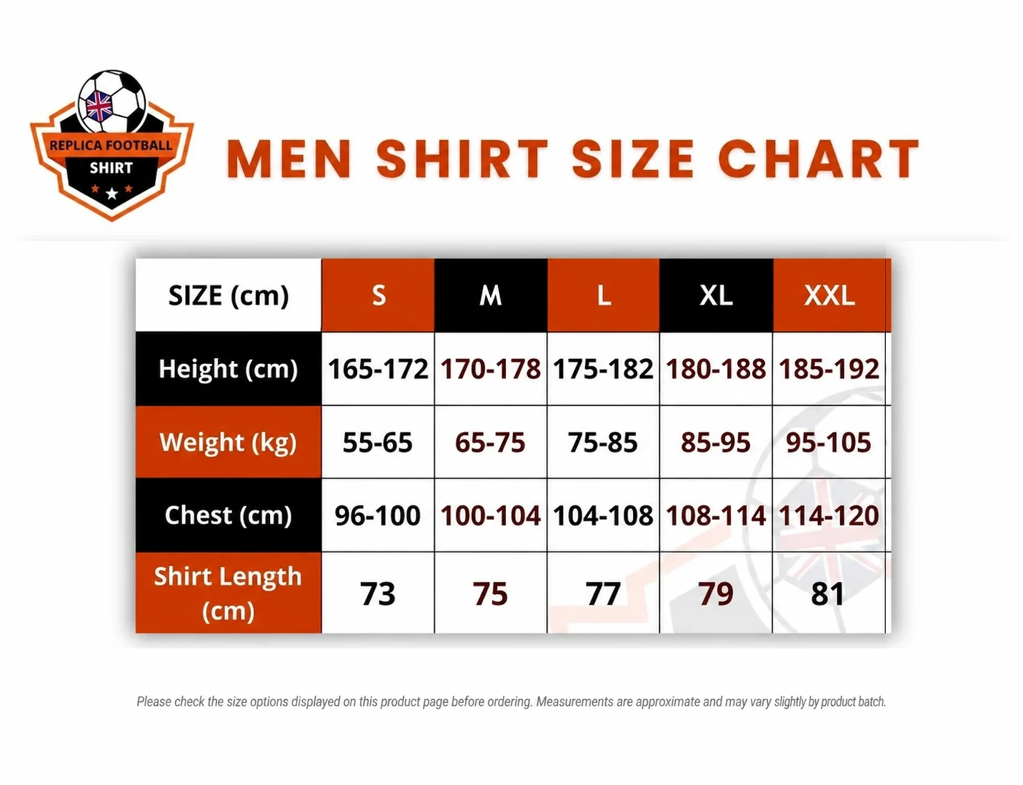 RFS Men Shirt Size Chart From S to XXL